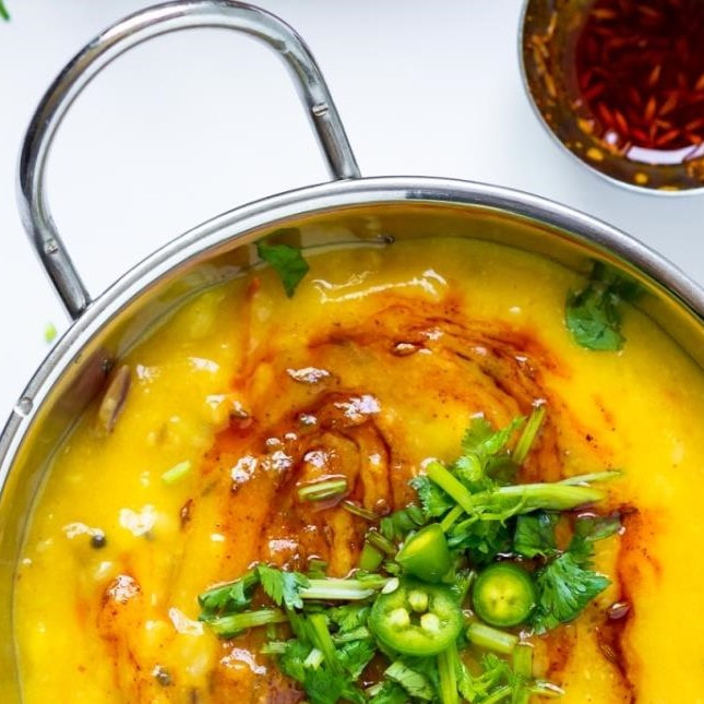 Split pea or chana dal make this garlicky creamy dal soup